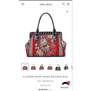 NWT Mellow World Satchel Red Black Floral Beaded Bag